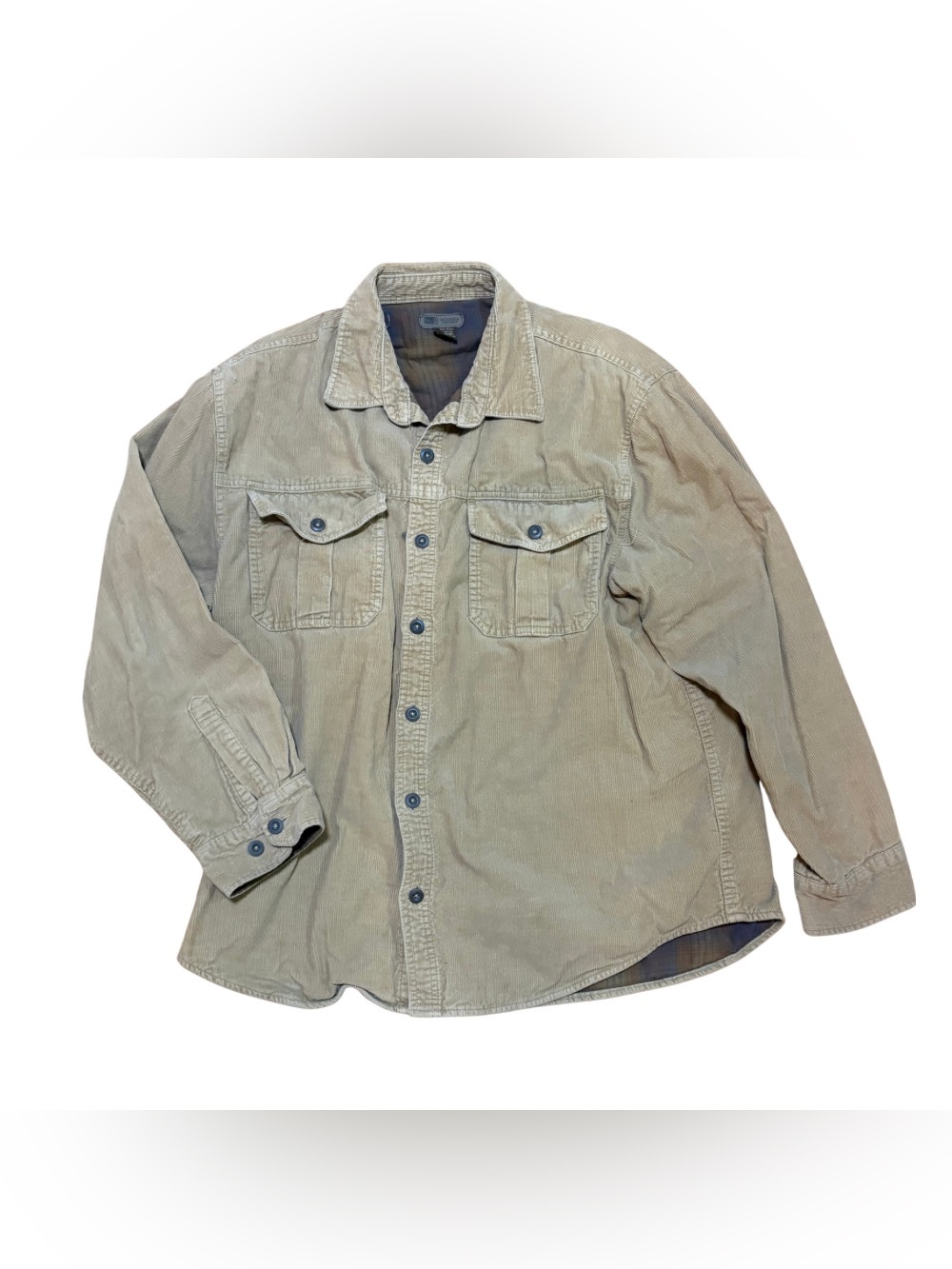 Faded Glory Mens L Corduroy Shirt Jacket Tan Plaid Lined Workwear Shacket